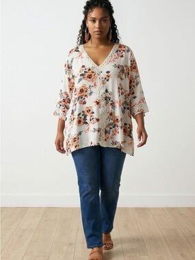 Plus Size 4X Cream Floral Tunic Top Boho Crochet V-Neck Rayon Flowy 90s